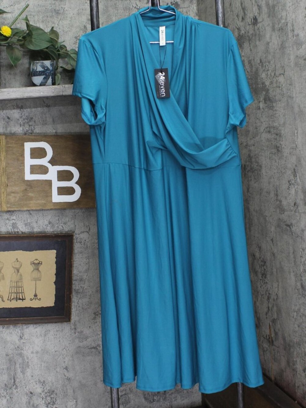 24/7 Comfort Apparel Blue 24Seven Comfort Apparel Knit Faux Wrap Midi